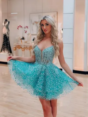 A Line V Neck Blue Lace Short Prom Dresses, , Short Blue Lace Formal Graduation Evening Dresses