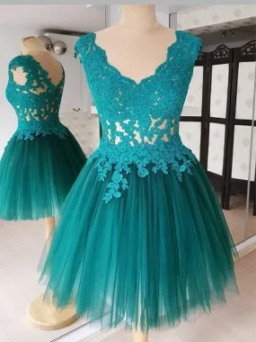 A Line V Neck Lace Green Short Prom Dresses, V Neck Lace Green Short Formal Evening Graduation Dresses, Short Green Lace Homecoming Dresses