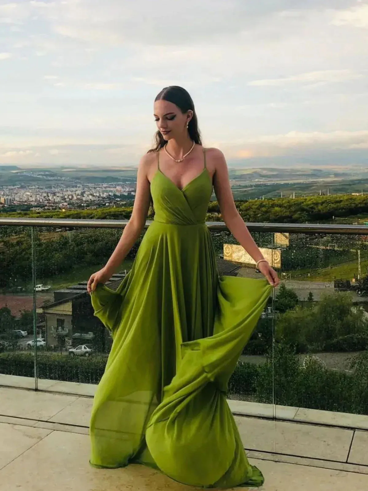 A Line V Neck Simple Green Chiffon Long Prom Dresses, Green Evening Dresses