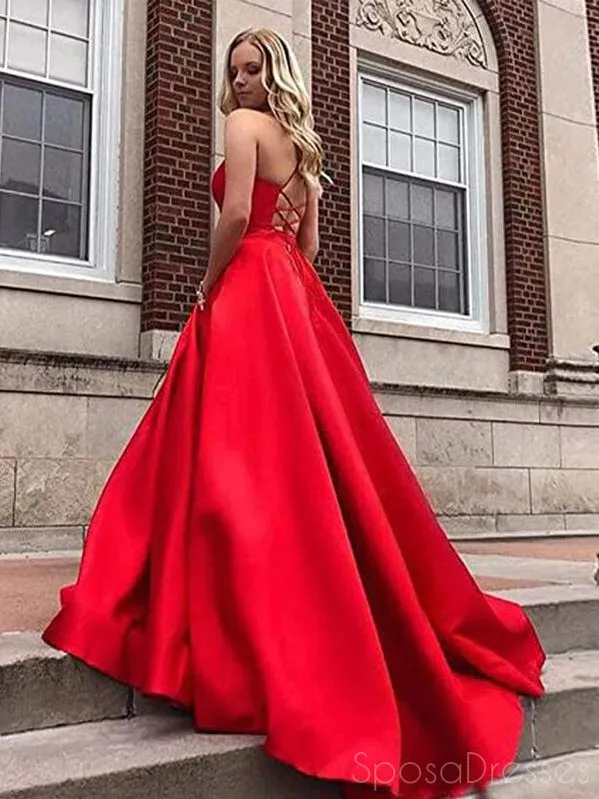 A-line V Neck Spaghetti Straps Long Prom Dresses, Sweet 16 Prom Dresses, 12455