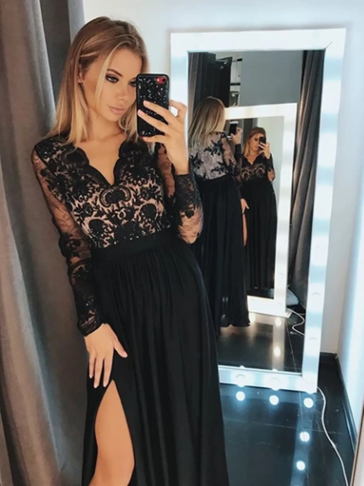 A Line/Princess Long Sleeves V Neck Black Lace Long Chiffon Dresses, Long Sleeves Black Lace Long Evening Dresses