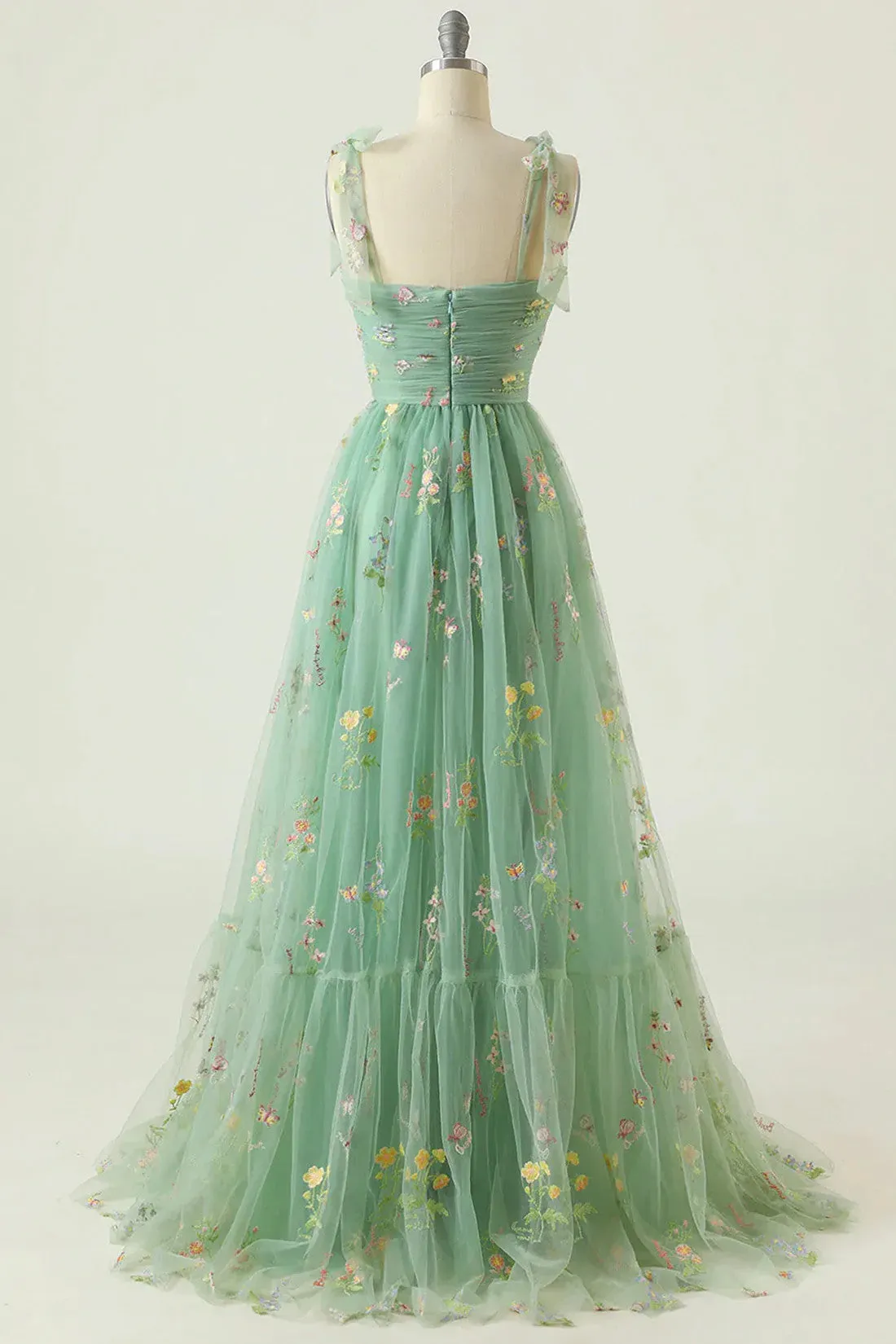 Beautiful Green Floral Tulle Long Prom Dresses， Sweetheart Neck Green Tulle Long Formal Evening Dresses with Appliques