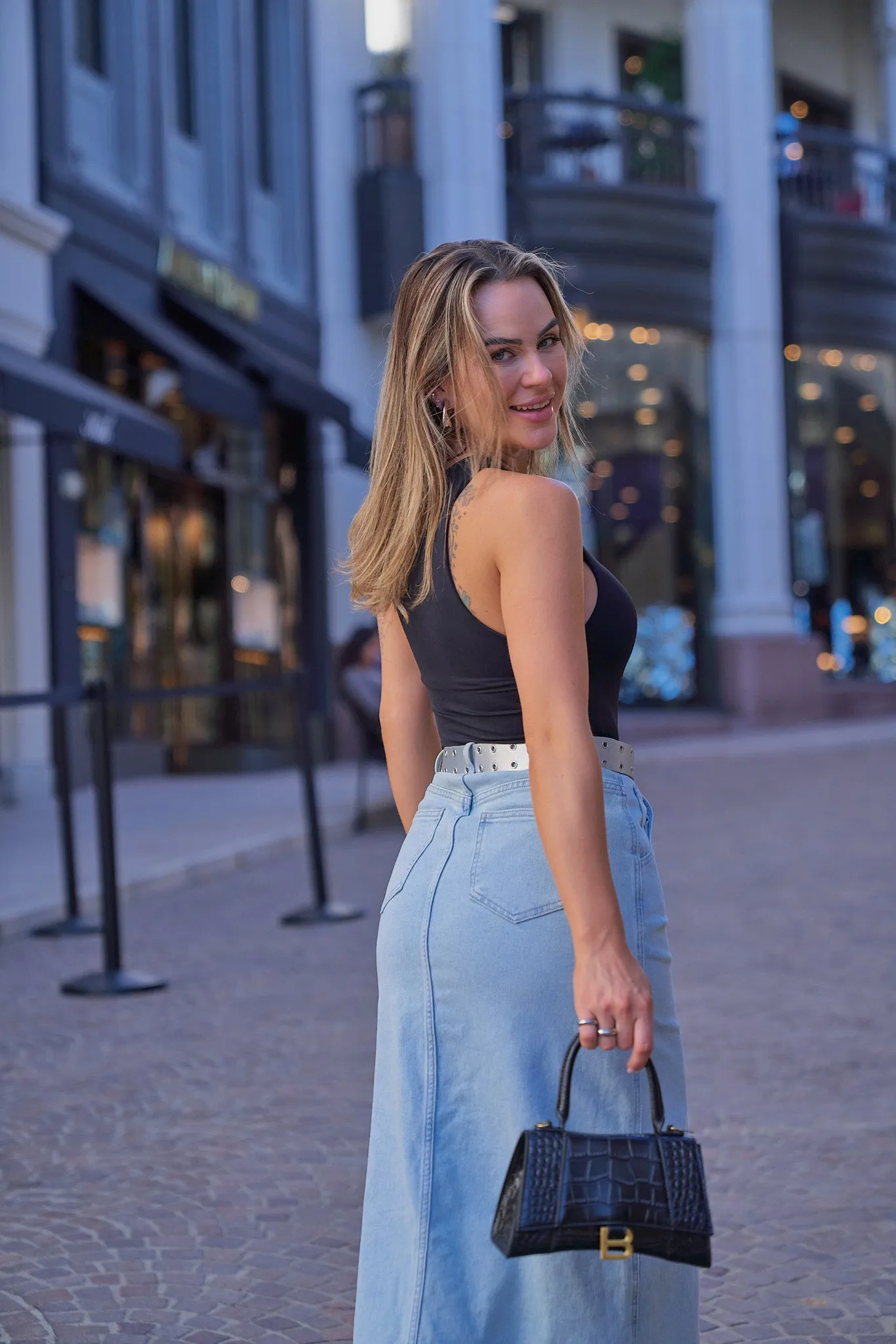 Belted Midi Denim Skirt