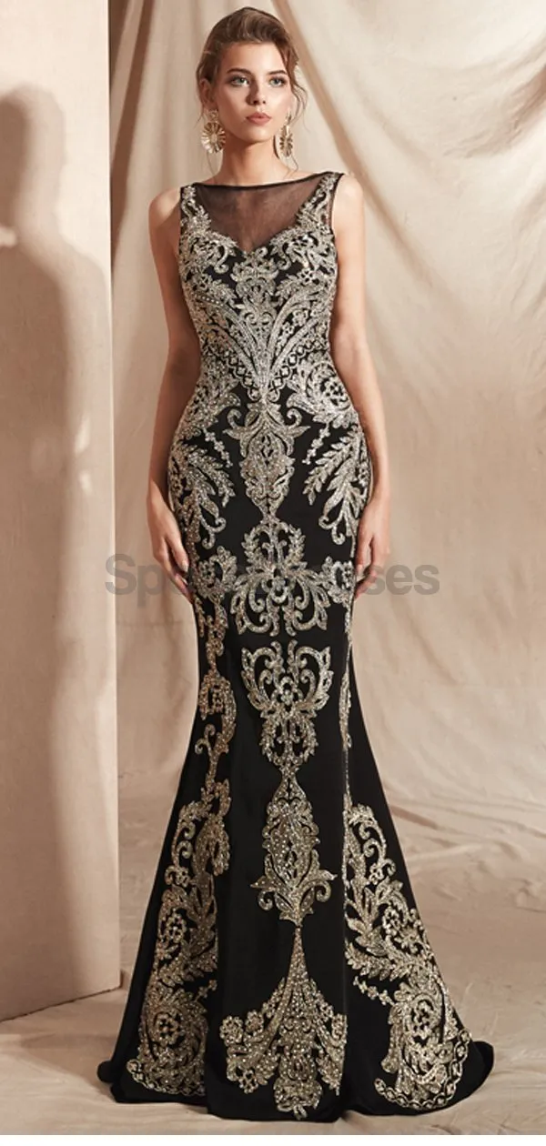 Black Lace Beaded Scoop Mermaid Evening Prom Dresses, Evening Party Prom Dresses, 12070