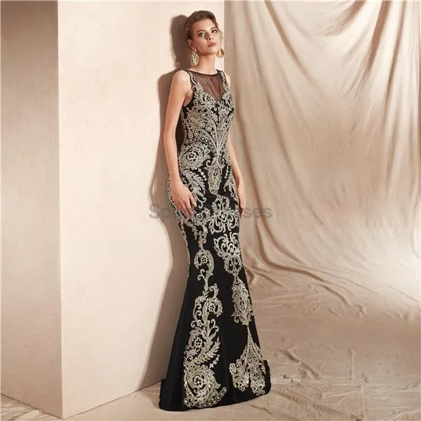 Black Lace Beaded Scoop Mermaid Evening Prom Dresses, Evening Party Prom Dresses, 12070