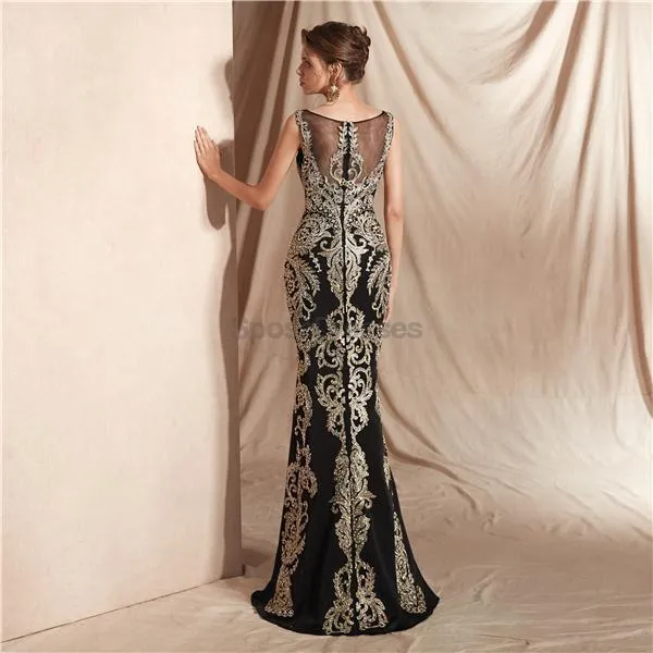 Black Lace Beaded Scoop Mermaid Evening Prom Dresses, Evening Party Prom Dresses, 12070