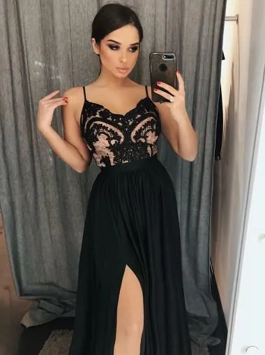 Black Side Slit Spaghetti Straps Lace Evening Prom Dresses, Cheap Sweet 16 Dresses, 18312