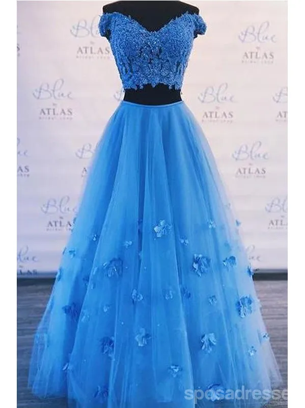 Blue A-line Two Pieces Off Shoulder Maxi Long Prom Dresses,Evening Dresses,13157