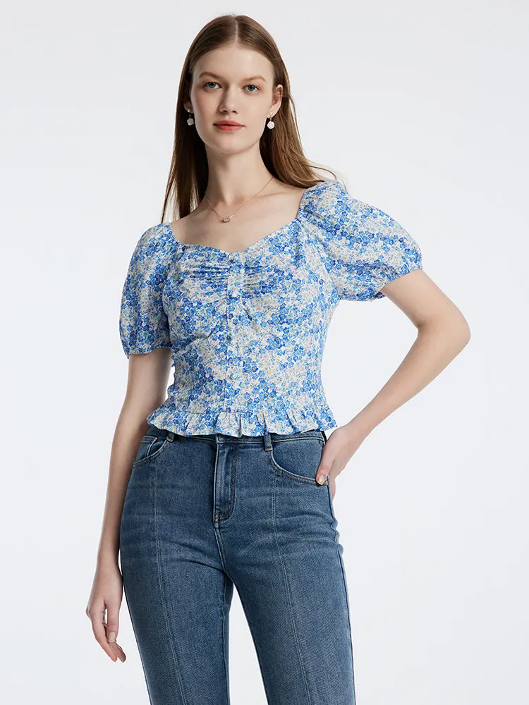 Blue Floral Print Women Blouse