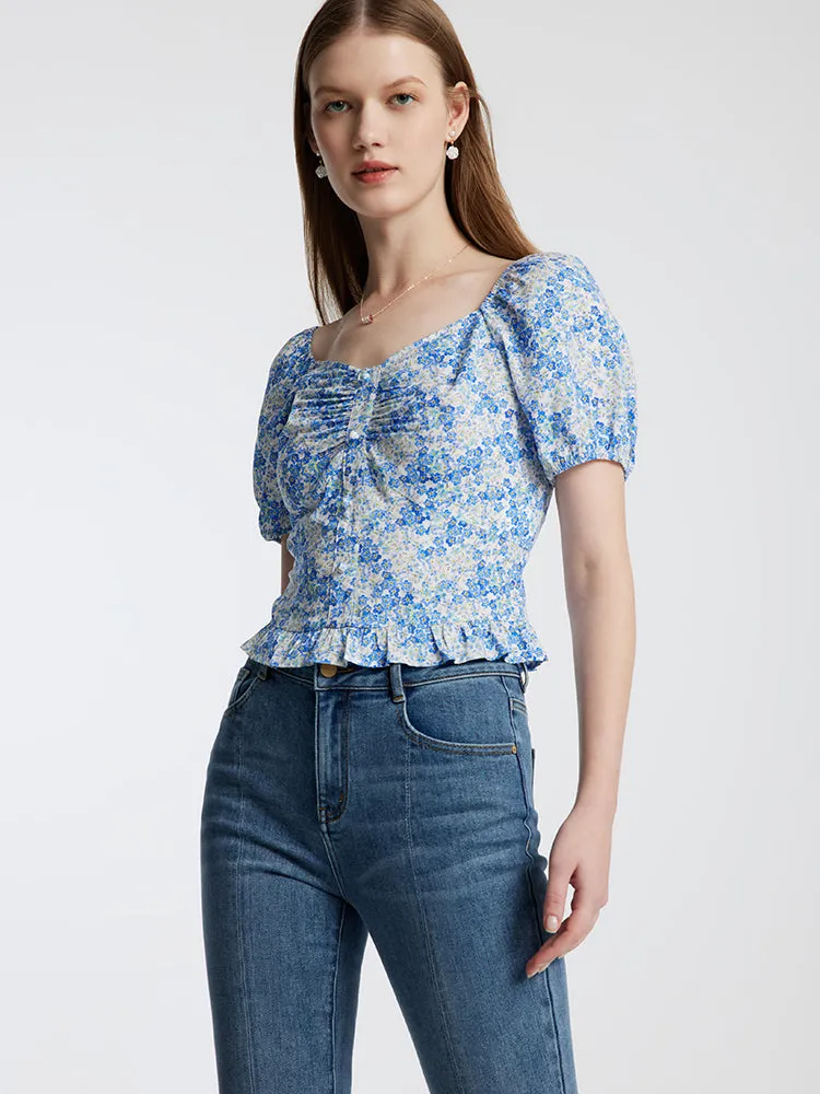 Blue Floral Print Women Blouse