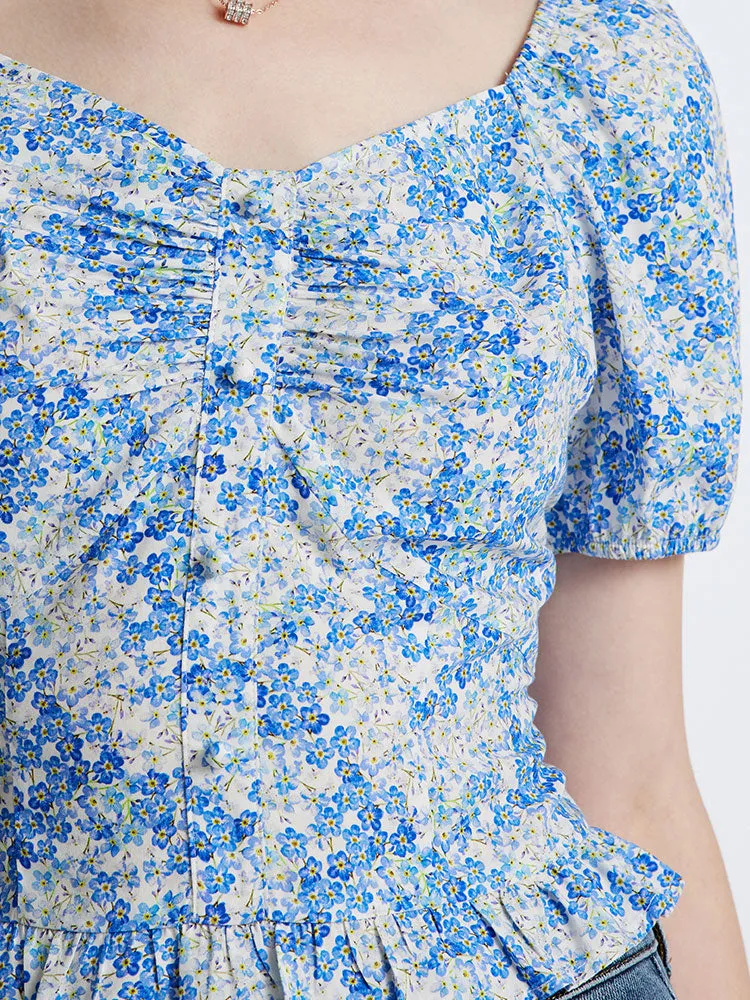 Blue Floral Print Women Blouse