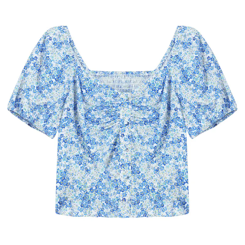 Blue Floral Print Women Blouse