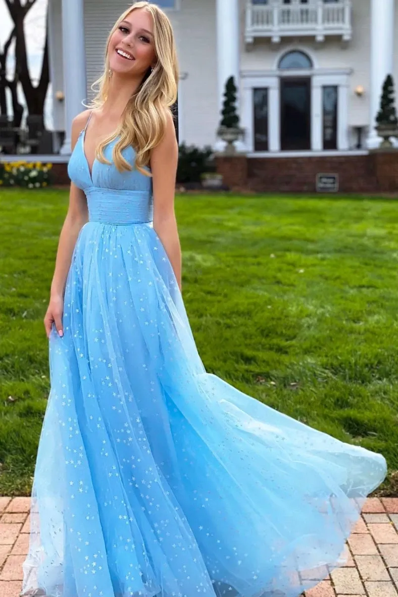 Blue V Neck Tulle Beads Long Prom Dresses, Blue V Neck Tulle Beads Long Formal Evening Graduation Dresses