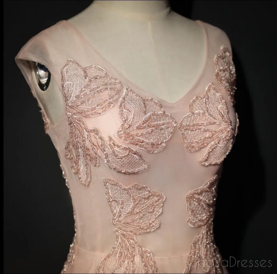 Blush Pink Cap Sleeve V Neckline Lace Long Evening Prom Dresses, Popular 2018 Party Prom Dresses, Custom Long Prom Dresses, Cheap Formal Prom Dresses, 17216