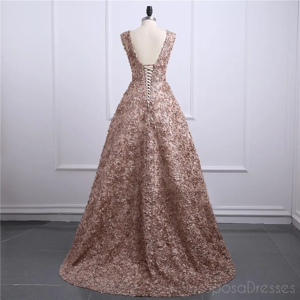 Brown Lace V Neckline A line Long Evening Prom Dresses, Popular Cheap Long Party Prom Dresses, 17243