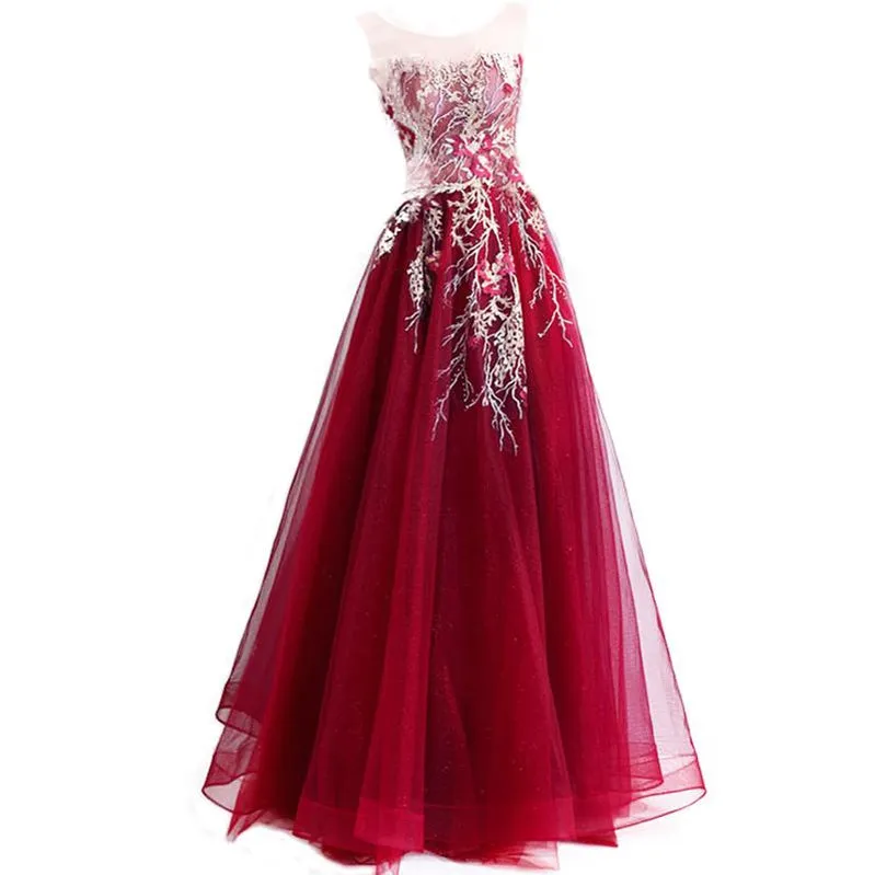 Burgundy A-line Jewel Sleeveless Long Prom Dresses Online, Evening Dresses,12648