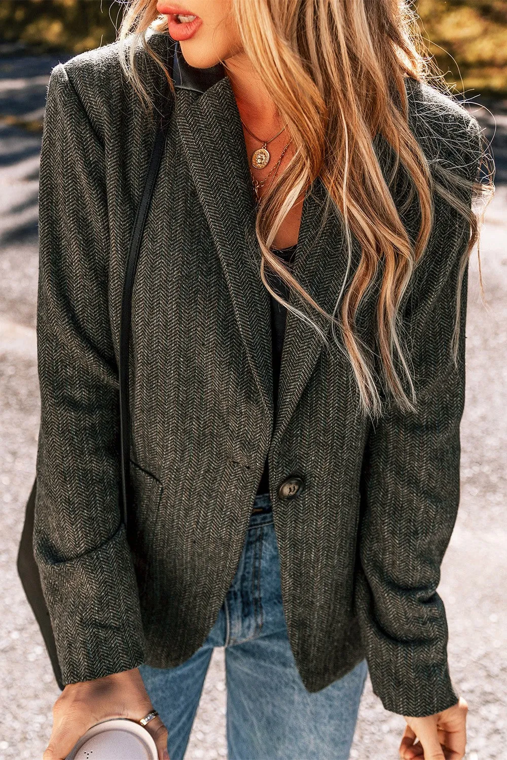 Buttoned Long Sleeve Blazer w/ Pockets