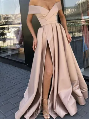 champagne Off The Shoulder Long Prom Dresses With Slit, champagne Off Shoulder Long Formal Evening Dresses