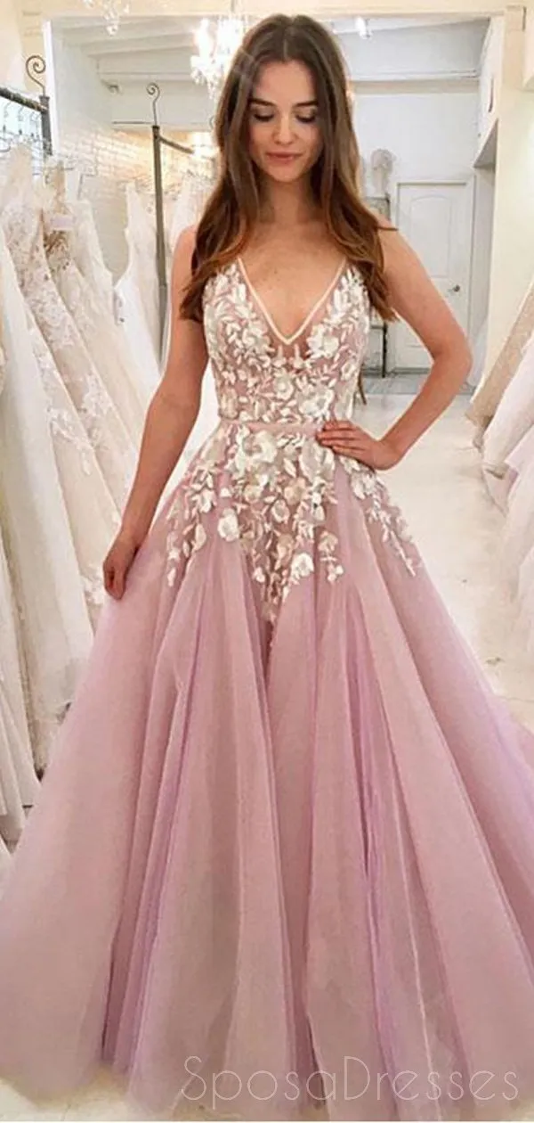 Cheap V Neck A-line Lace Pink Long Evening Prom Dresses, Cheap Custom Sweet 16 Dresses, 18445