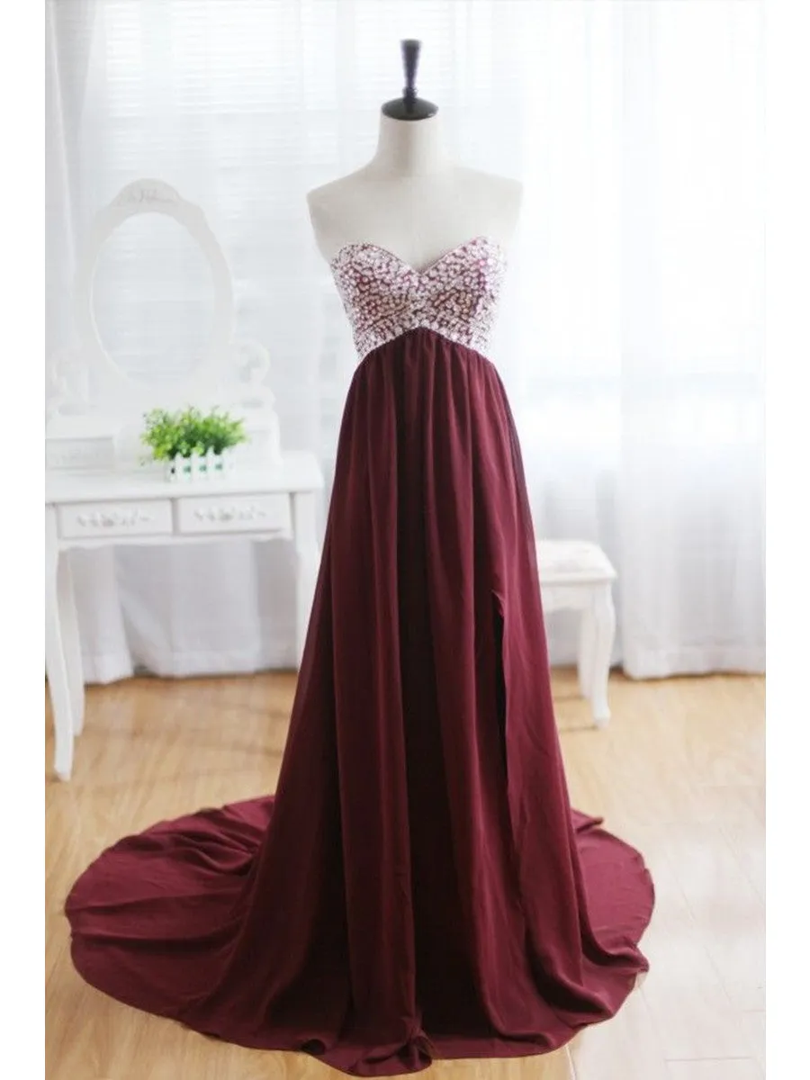 Custom Made A Line Sweetheart Neck Backless Maroon Sweep Train Prom Dresses, Formal Dresses