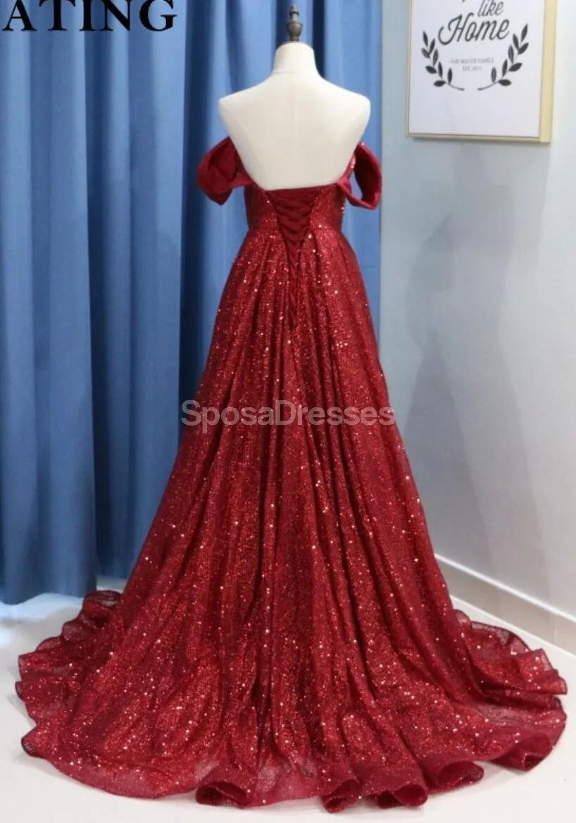 Dark Red Sparkly Off Shoulder A-line Long Evening Prom Dresses, Evening Party Prom Dresses, 12294