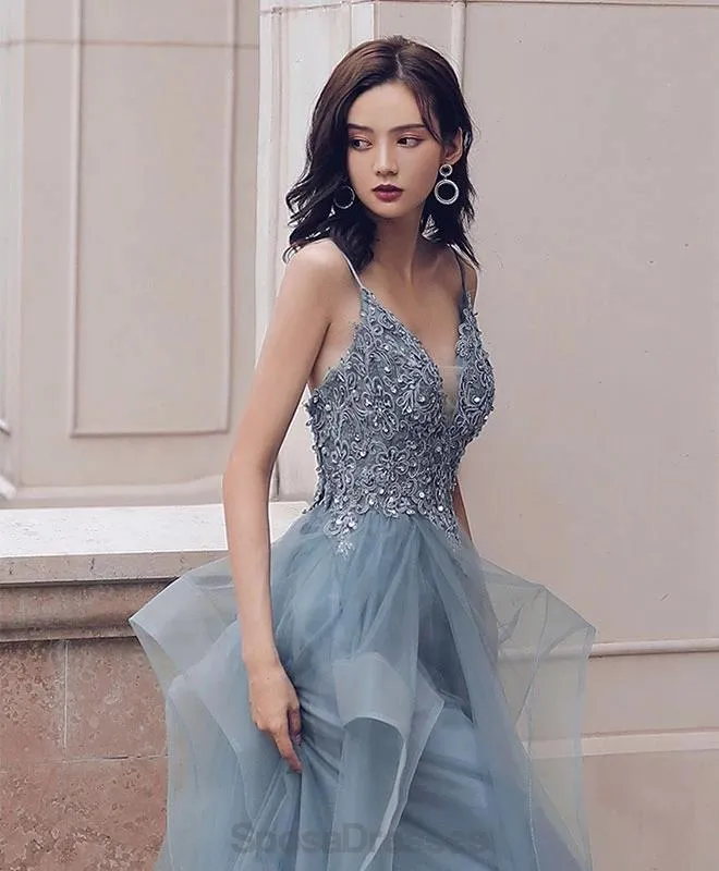 Dusty Blue V Neck Spaghetti Straps Lace Beaded Cheap Evening Prom Dresses, Evening Party Prom Dresses, 12170