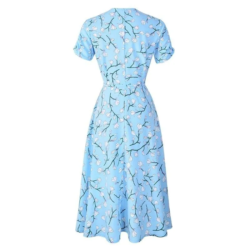 Elegant Floral Smash V-neck Floral Midi Dress - S-2XL - 4 Colors