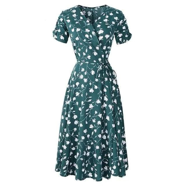 Elegant Floral Smash V-neck Floral Midi Dress - S-2XL - 4 Colors