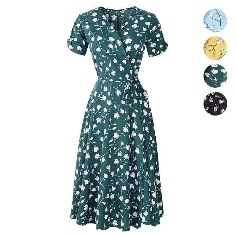 Elegant Floral Smash V-neck Floral Midi Dress - S-2XL - 4 Colors