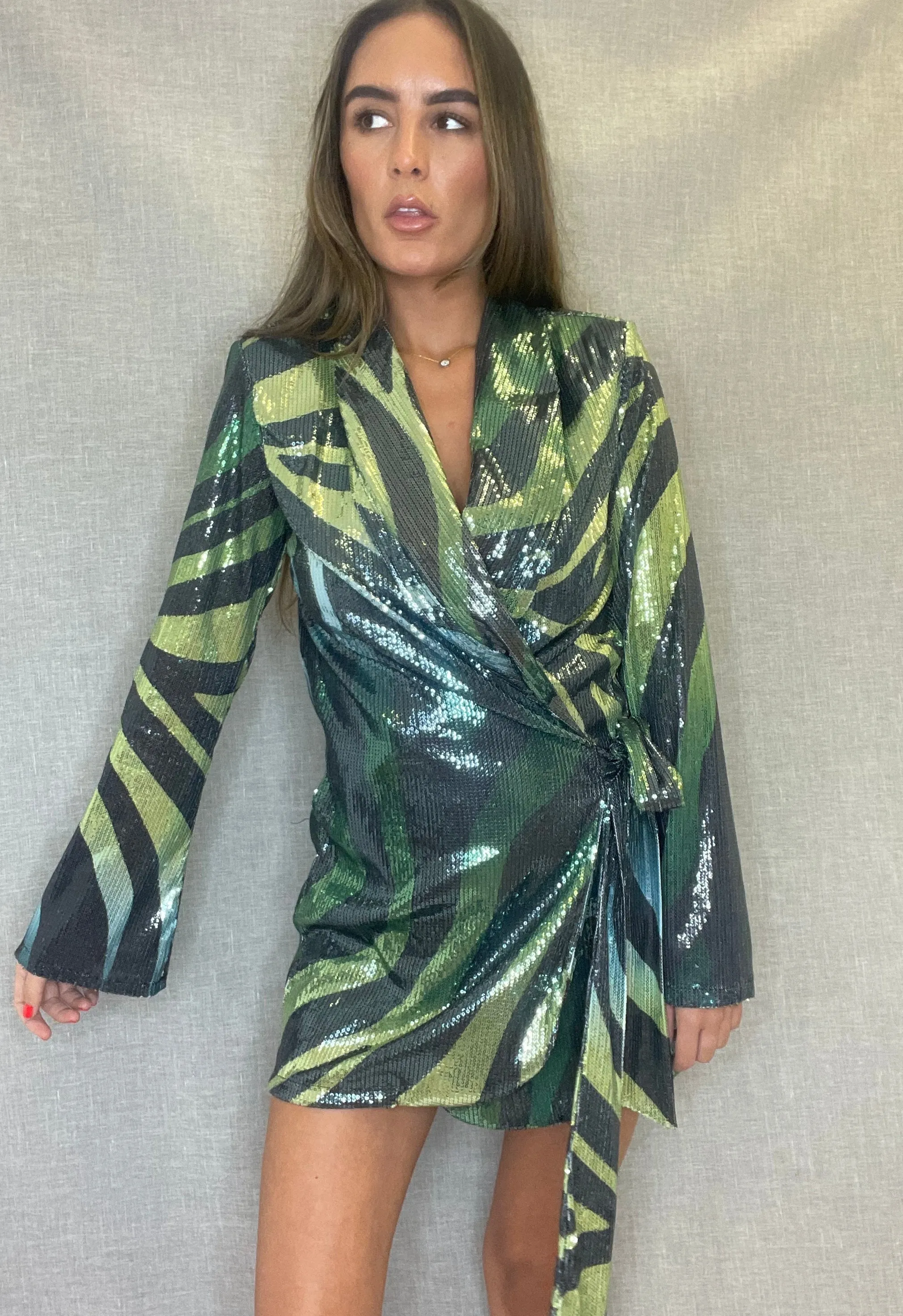 Green Tiger Print Sequin Wrap Blazer Dress