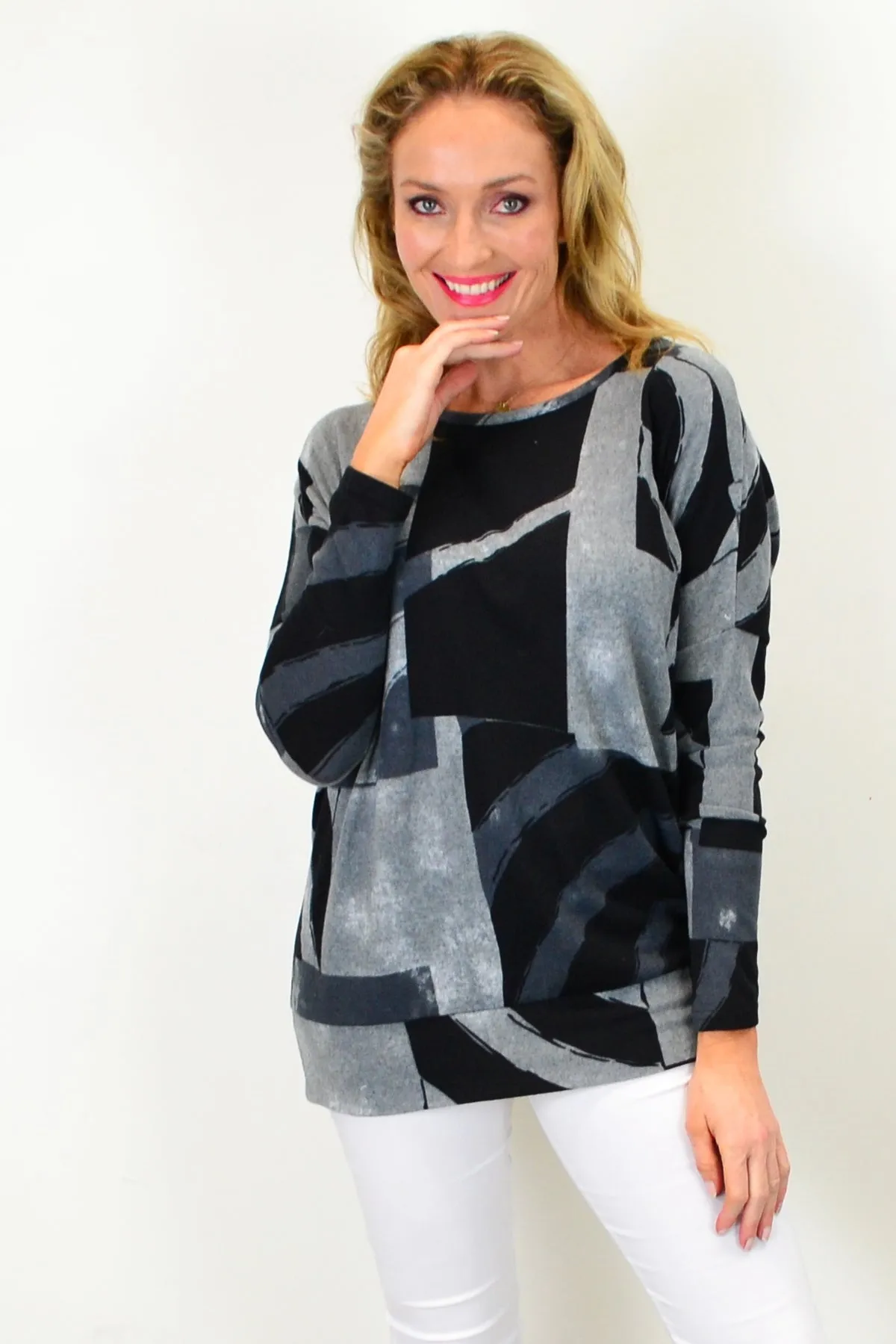 Grey Abstract Drop Shoulder Tunic Top