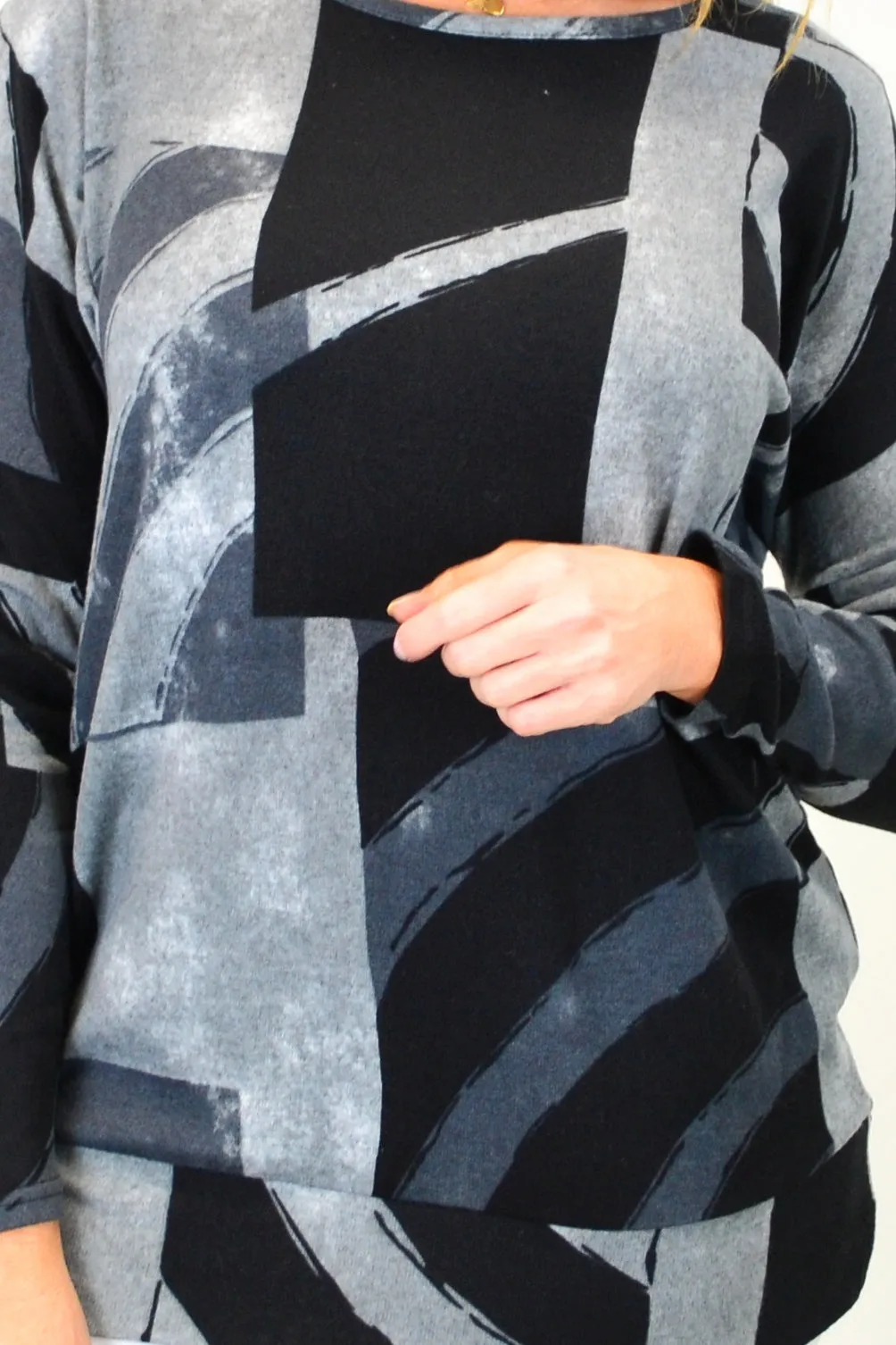 Grey Abstract Drop Shoulder Tunic Top