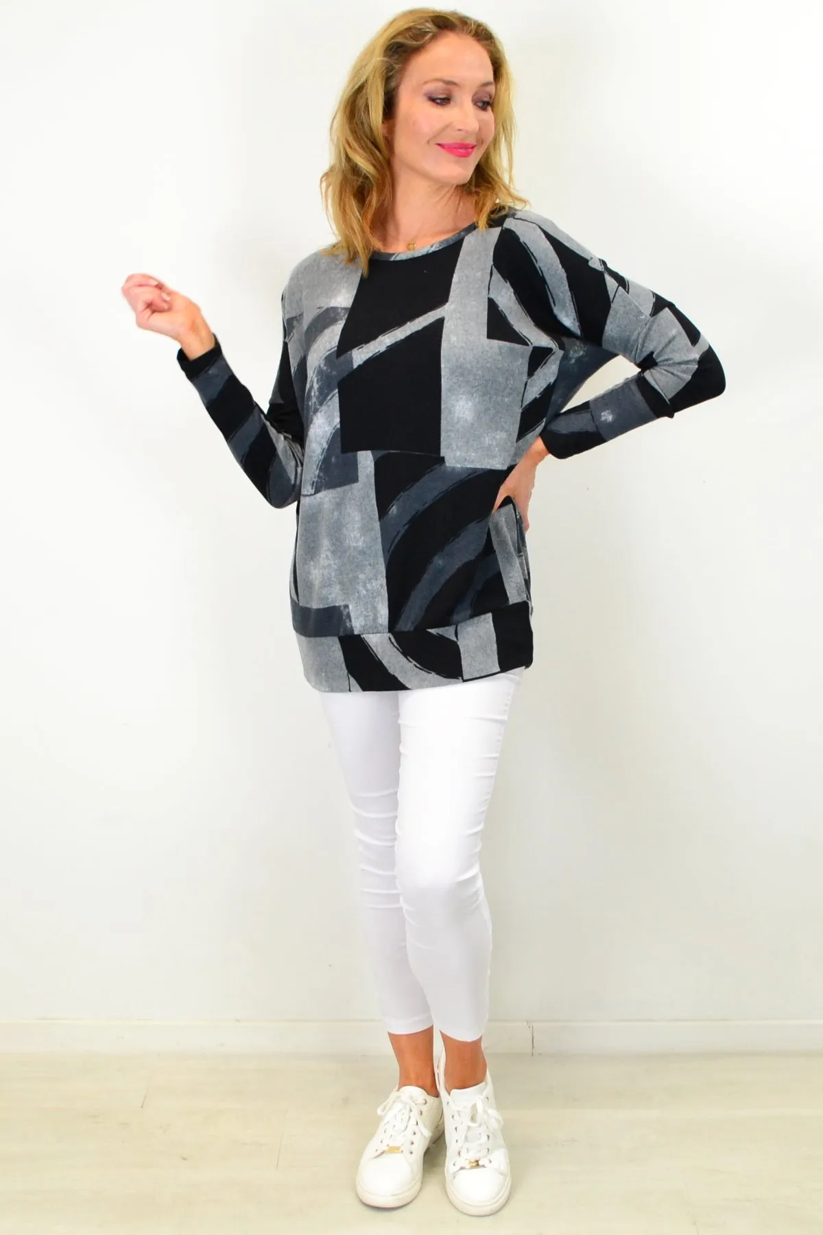 Grey Abstract Drop Shoulder Tunic Top