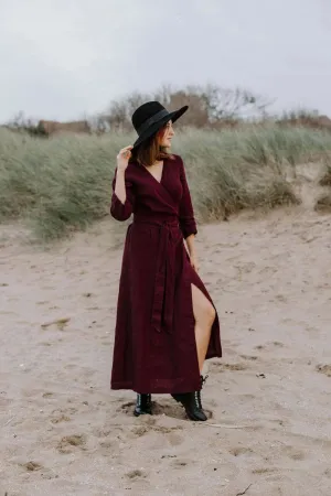 Long Wrap Linen Dress in Dark Cherry