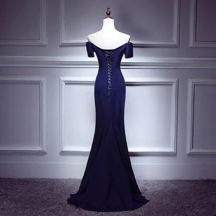 Mermaid Navy Blue Satin Prom Dresses SH188