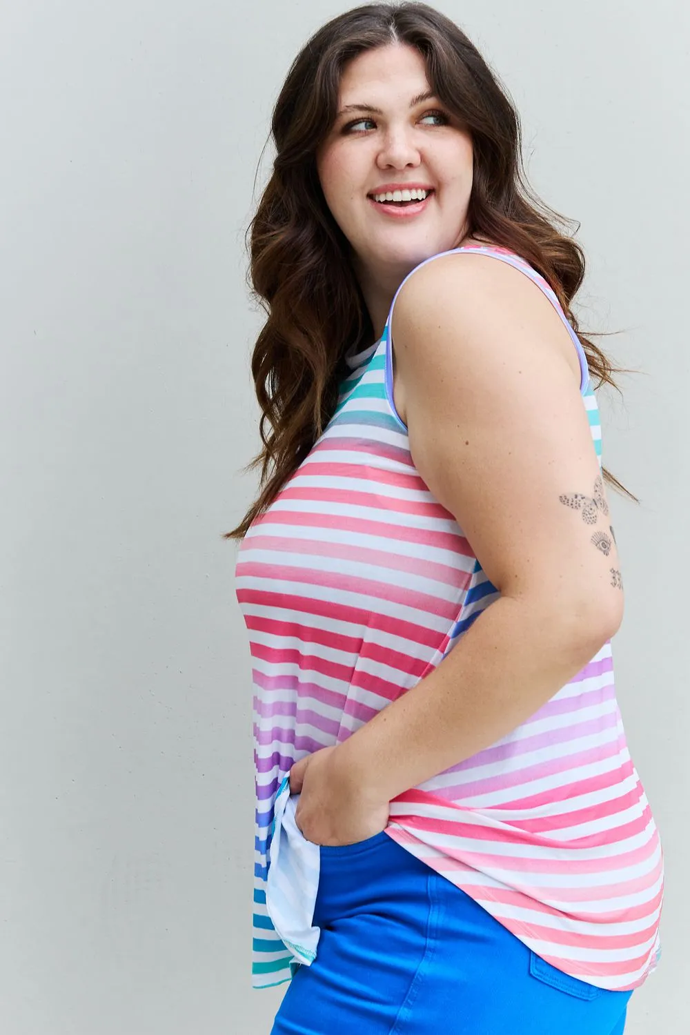 Multicolored Striped Tank Round Neck Top