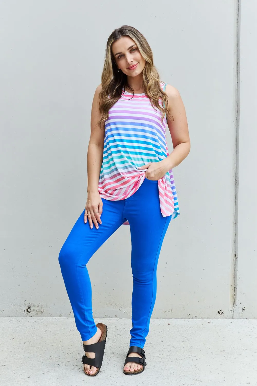 Multicolored Striped Tank Round Neck Top