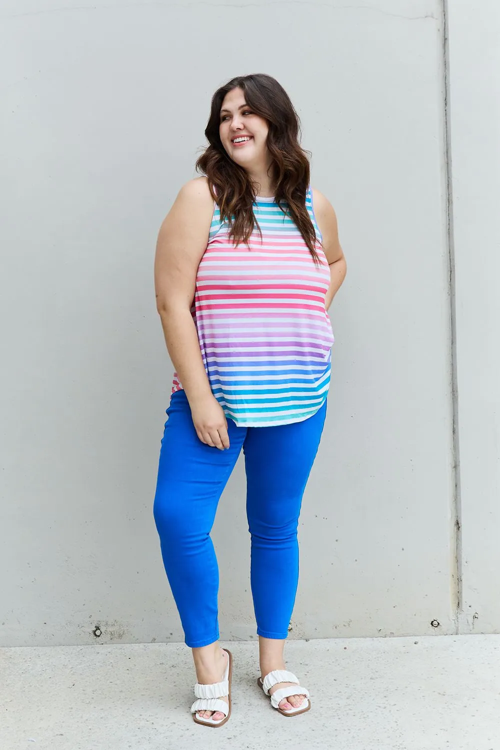 Multicolored Striped Tank Round Neck Top