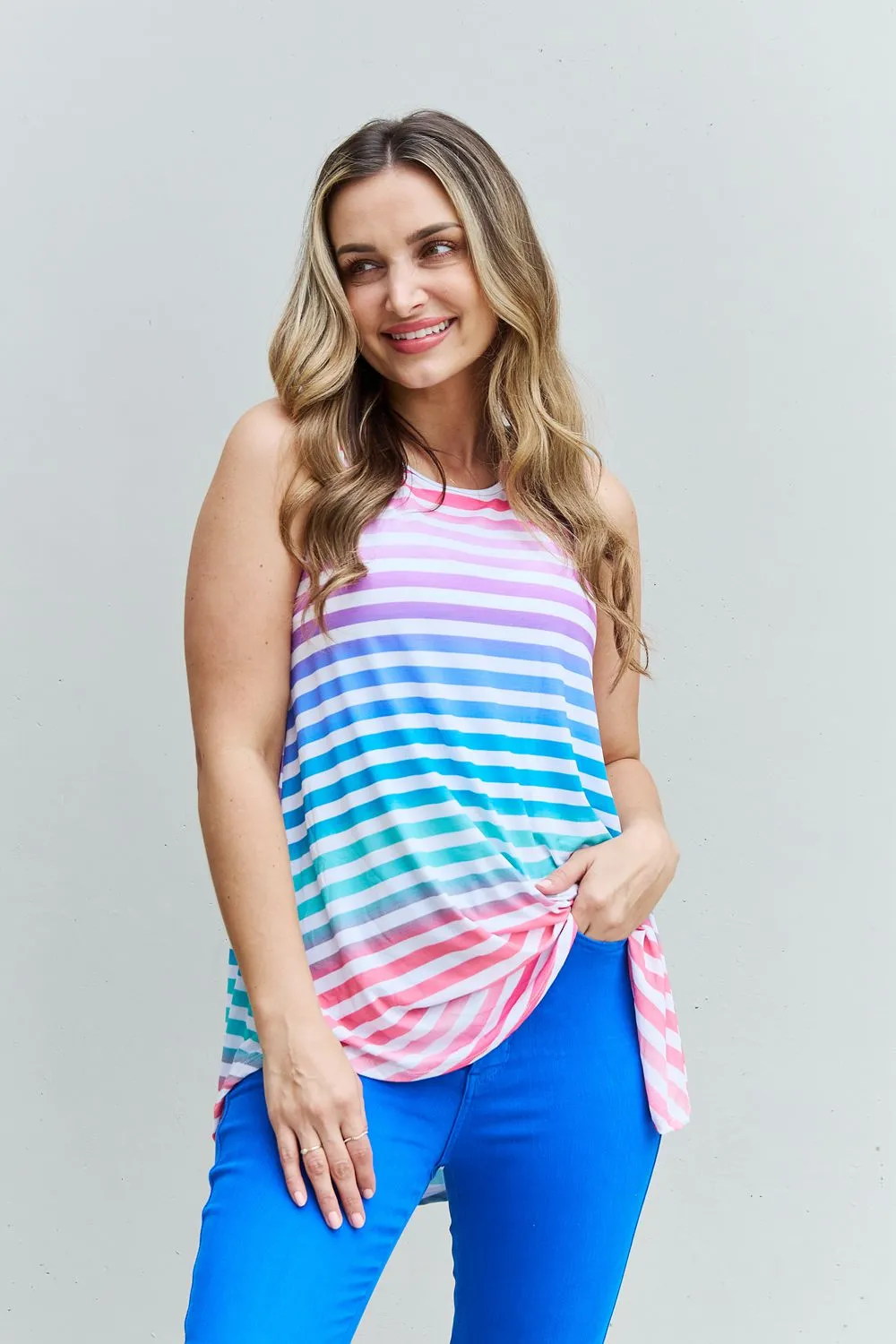 Multicolored Striped Tank Round Neck Top