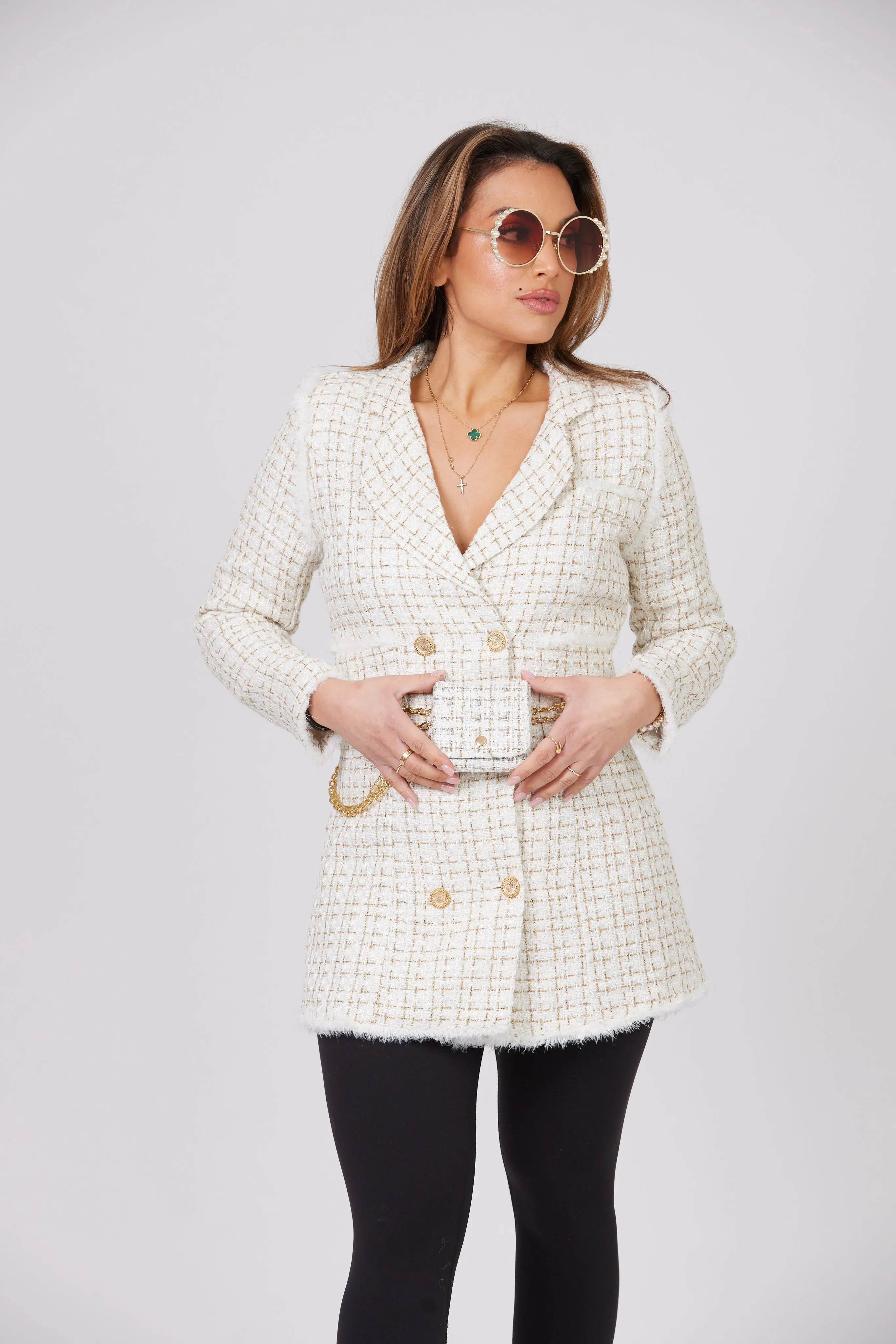 NANIA TEXTURED ECRU BLAZER DRESS WITH MATCHING BAG