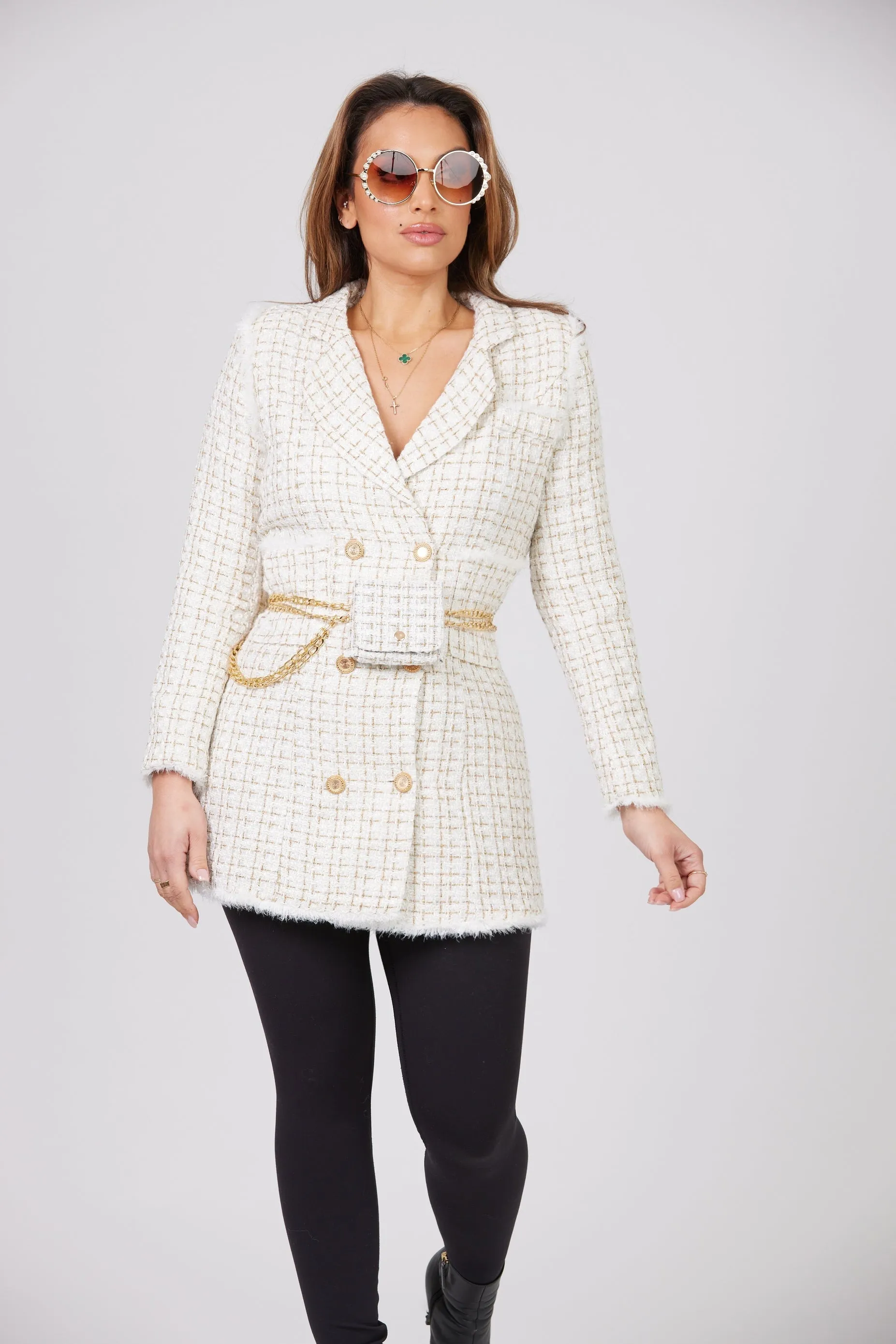 NANIA TEXTURED ECRU BLAZER DRESS WITH MATCHING BAG