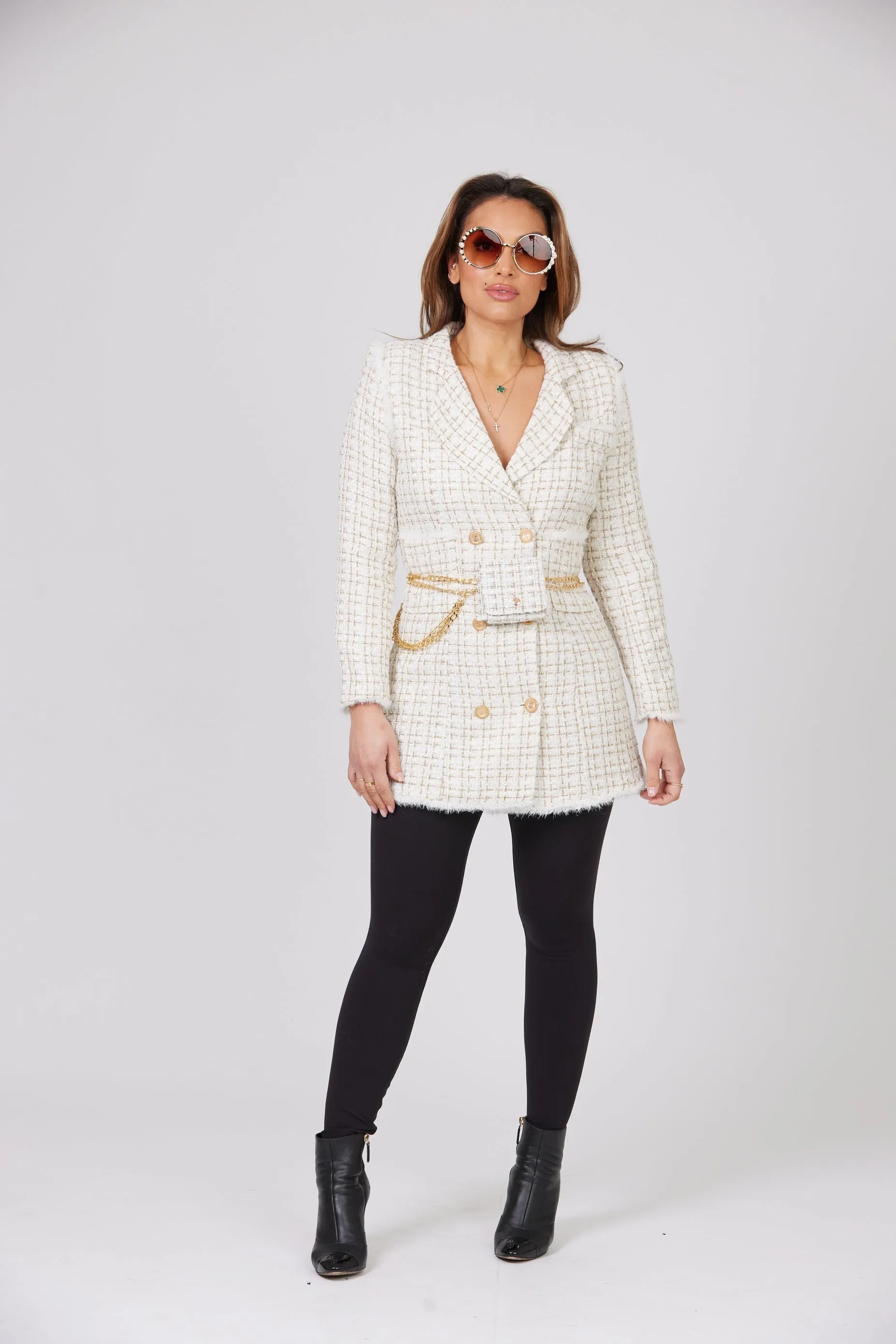 NANIA TEXTURED ECRU BLAZER DRESS WITH MATCHING BAG