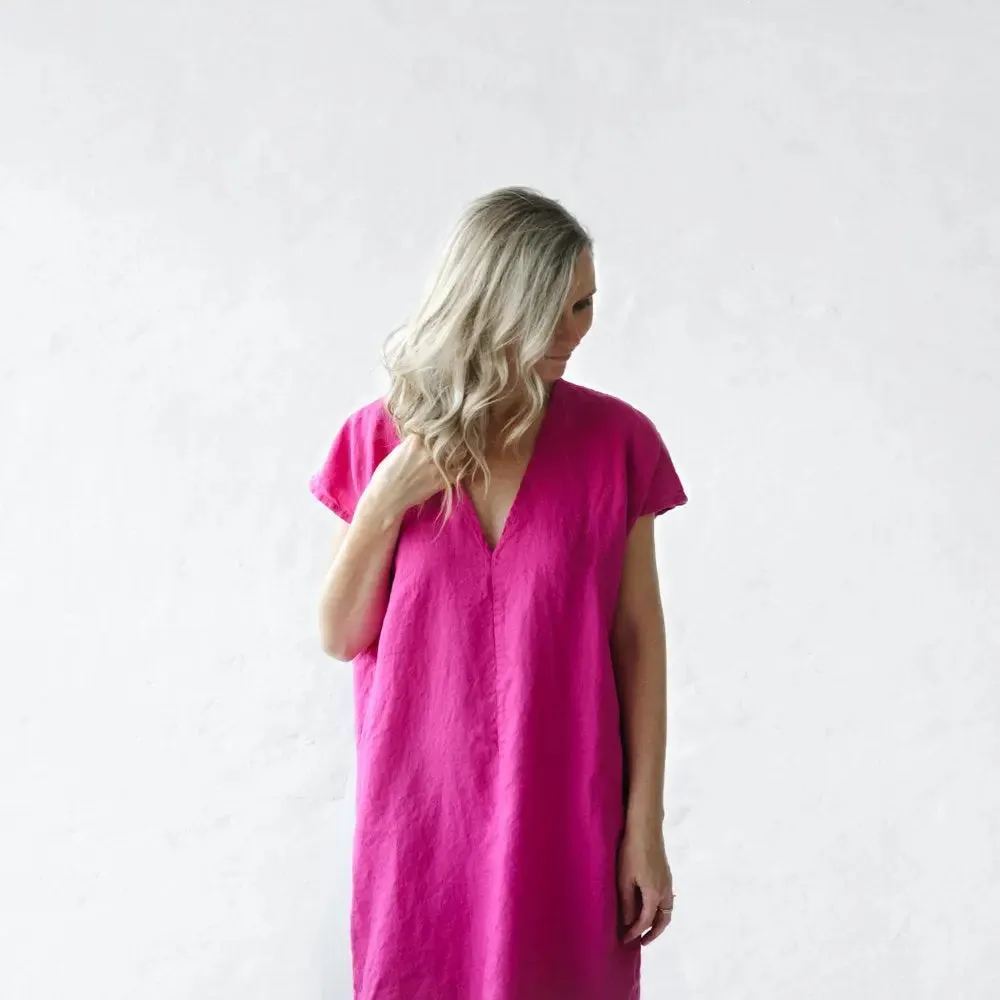 Neon Pink Linen V neck dress by Seaside Tones