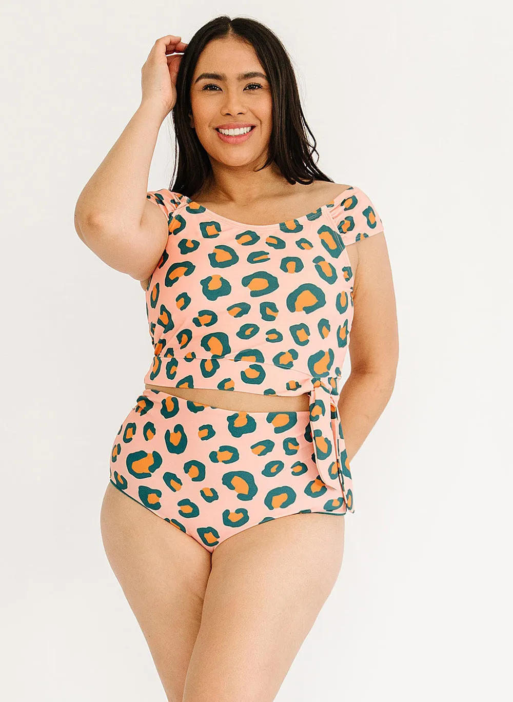 Peach Leopard Cap-Sleeve Crop Top