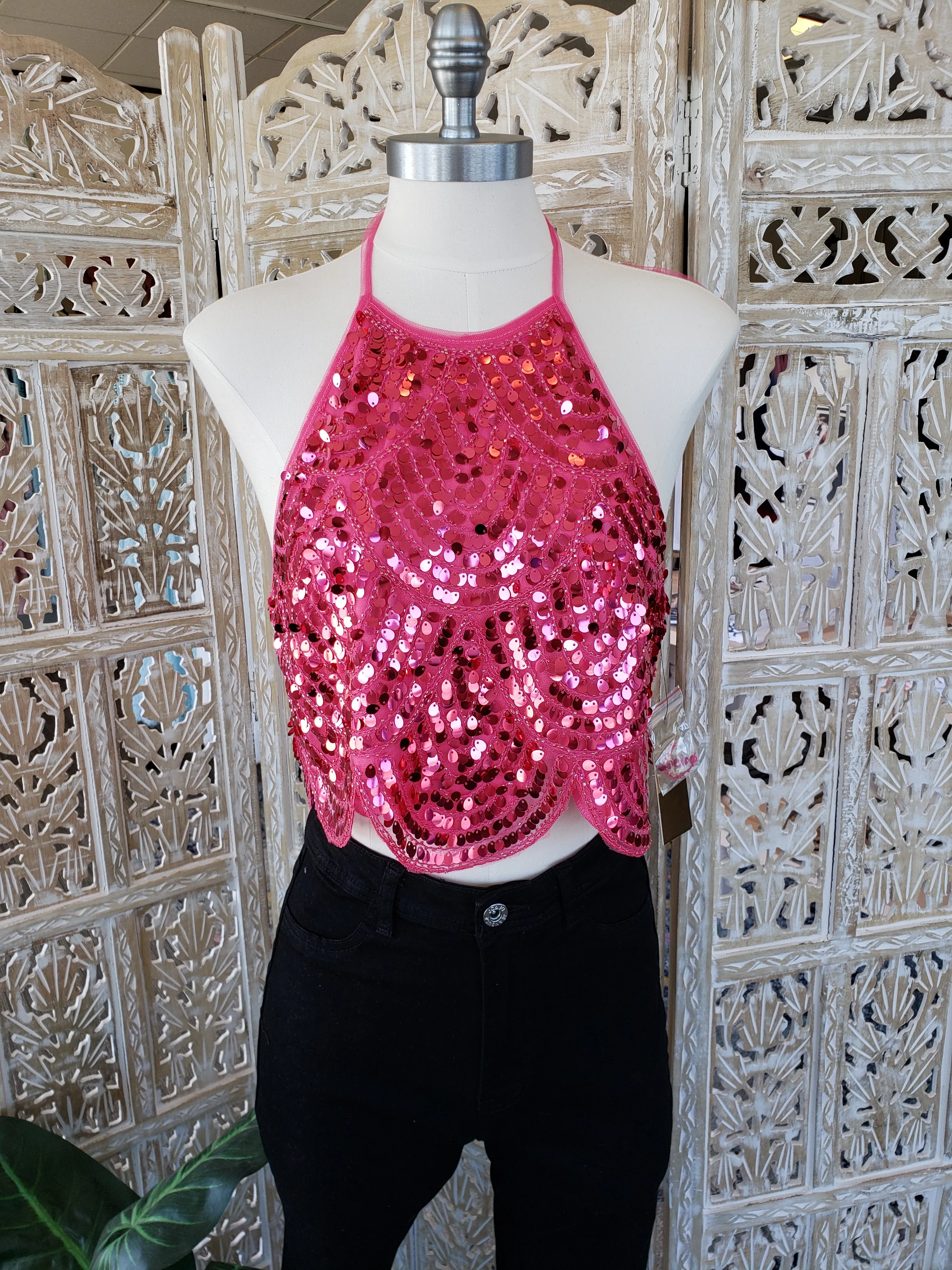 Pink Sequin Halter Neck Crop Top