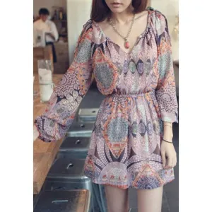 Printed Mini Chiffon Long Sleeve Dress - ONE SIZE