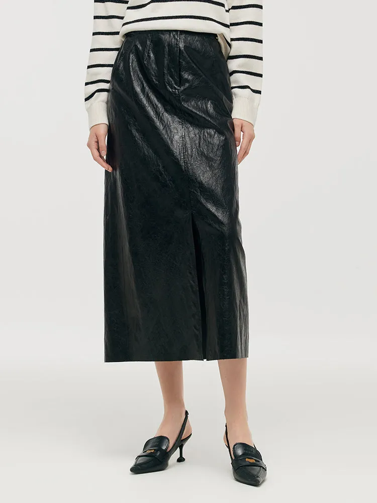 PU Leather Slit Women Column Skirt