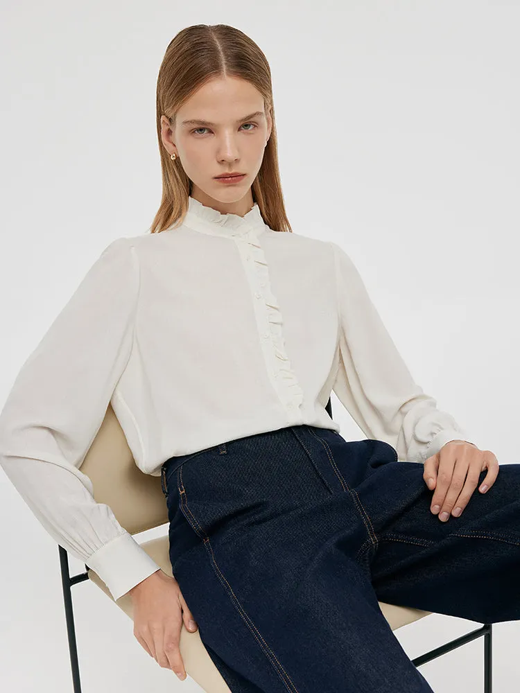 Ruffle Stand Collared Women Shirt