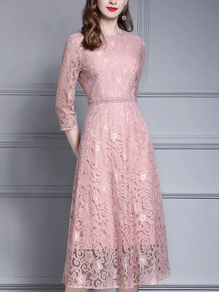 Spring Women Elegant Pink Lace Dress