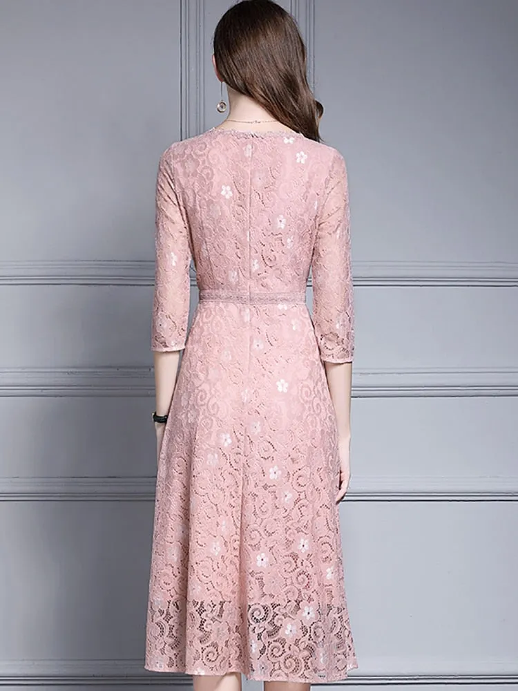 Spring Women Elegant Pink Lace Dress